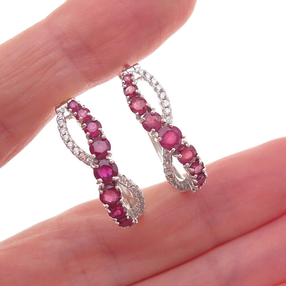 925 Sterling Silver Real Ruby & White Topaz Infinity Hoop Earrings